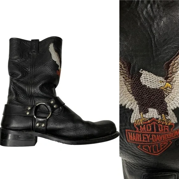 Harley-Davidson Black Leather Eagle Embroidered Motorcycle Boots RARE? Harley Davidson Motorcycles Embroidered Eagle Harness  main image 4